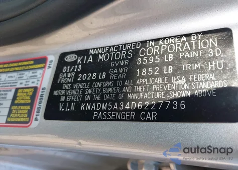 2013 Kia Rio Lx из США, поврежденный, VIN KNADM5A34D6227736